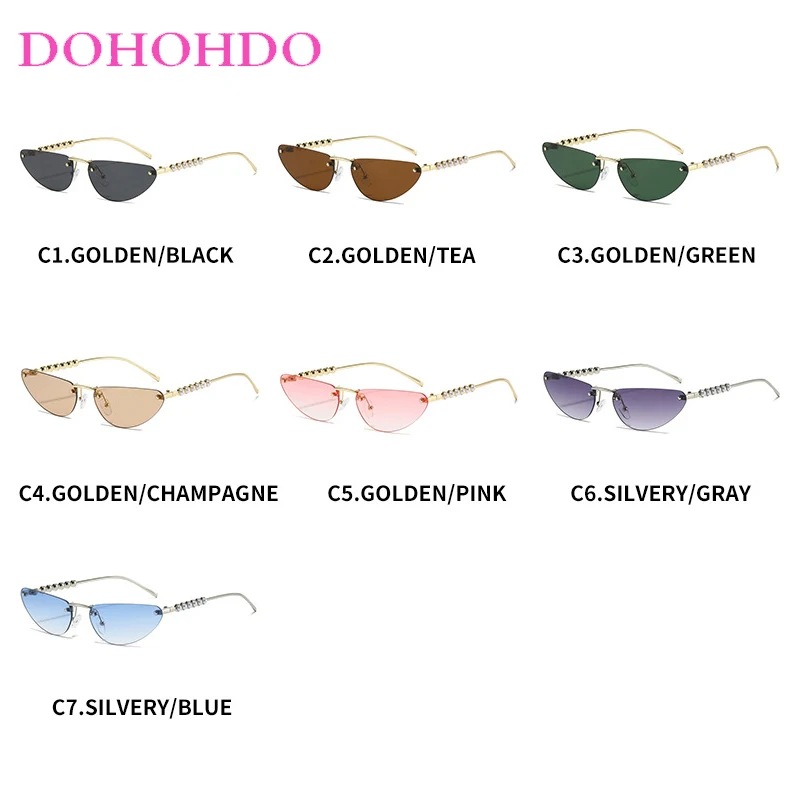 Trendy Pearl Metal Rimless Small Cat Eye Sunglass Men Women Luxury Designer Shades Summer Traveling Party Drive Eyewear UV400