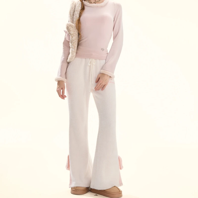 

French Design Cute Bowknot Split Slimming Mink Velvet Knitted Women's Bell-bottoms Autumn Winter New Versatile Long Pants Ladies