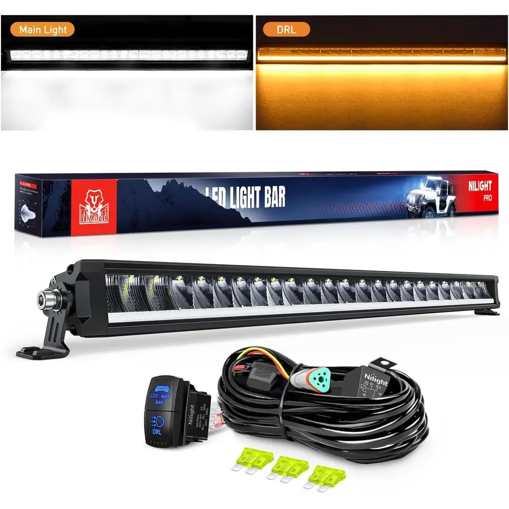 

LED Light Bar with Amber DRL 30 Inch 120W Single Row Oroad Light Anti-Glare lood Spot Combo LED Driving Bar IP68 w/ 14AWG DT Wir