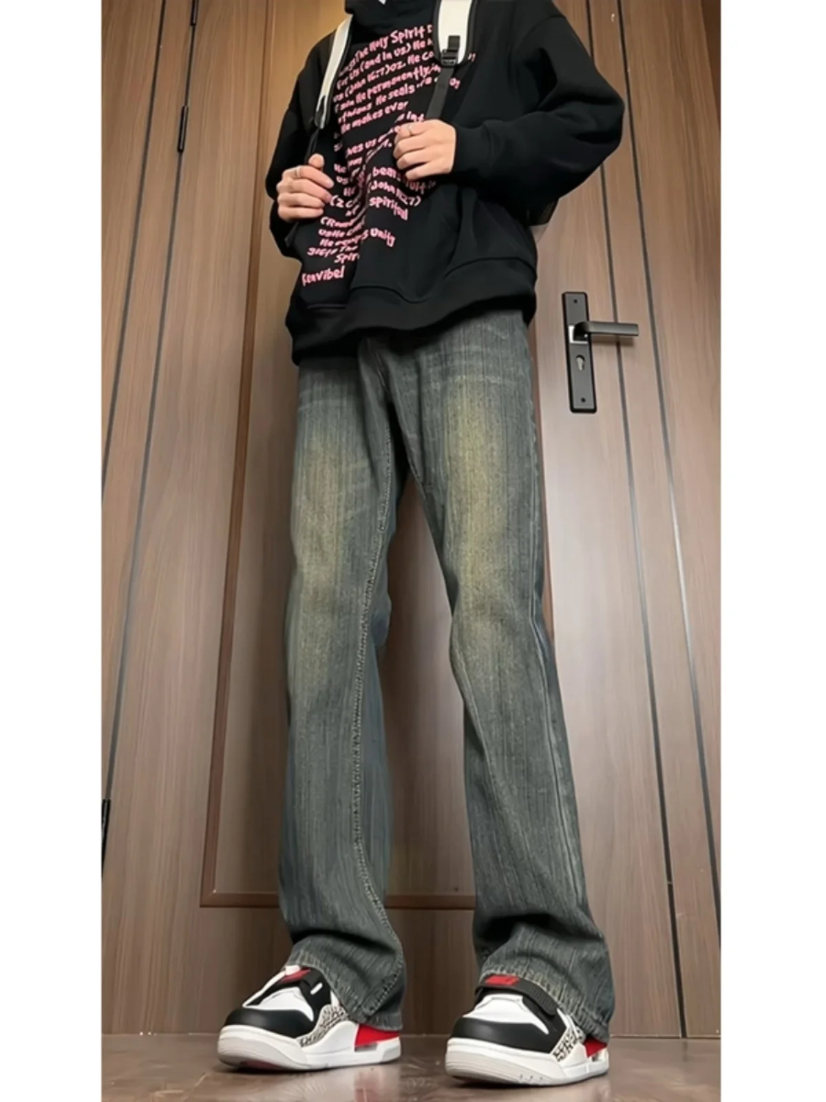 

Retro Blue Denim Jeans Men's Autumn Winter Heavy Wa Straight Leg Long Wear Resistant Cotton Polyester Blend Jeans