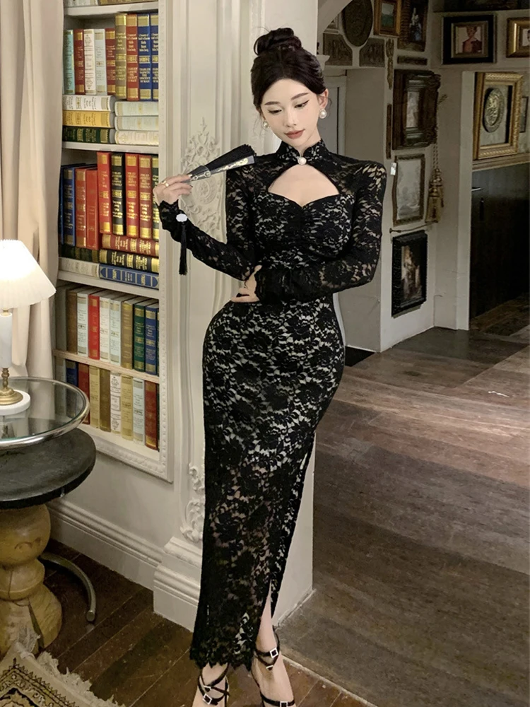 Vintage Celebrity Black Evening Party Dresses Women Sexy Qipao Sheer Cut Out Slit Maxi Robe Lady Prom Banquet Cheongsam Vestidos