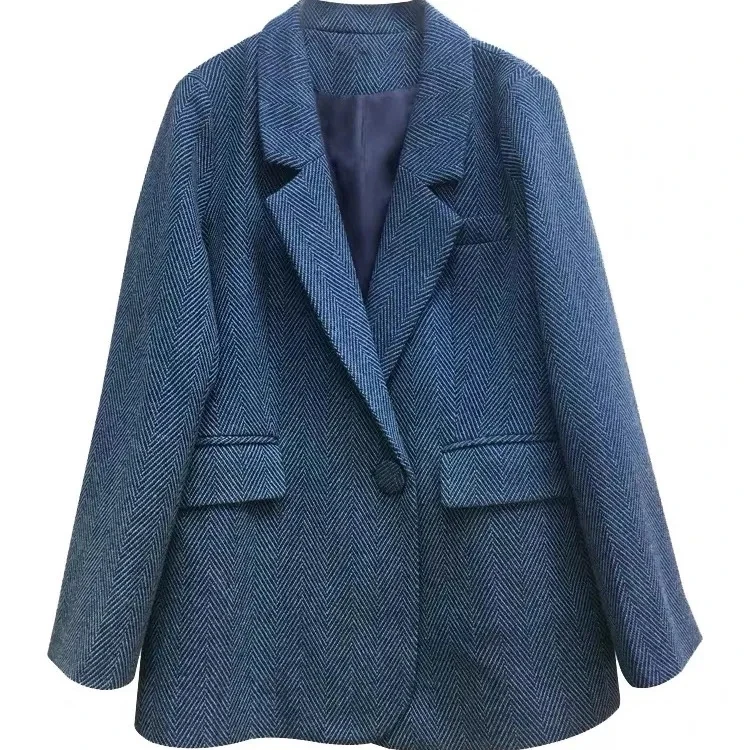 Chaqueta de traje de lana con un solo botón para mujer, chaqueta gruesa de algodón con clip de espiga, estilo retro simple, Otoño e Invierno