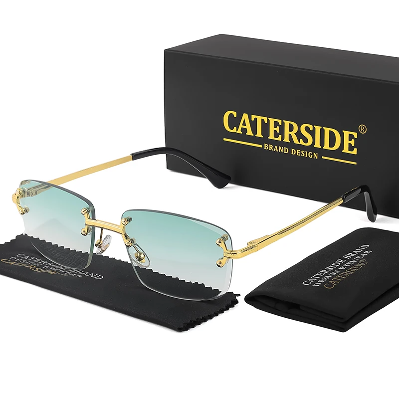 CATERSIDE Metal Rimless Frame Gradient Men\'s Sunglasses Punk Luxury Women Eyewear Small Rectangle Sun Glasses for UV400 Driving