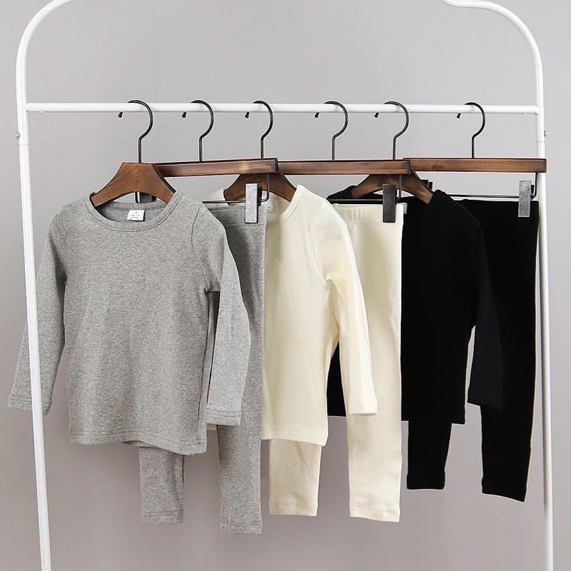 Soft Cotton Kids Solid Pajama Set Crew Neck Long Sleeve Top & Pants 2Pcs Boys Girls Thermal Base Layer Sleepwear