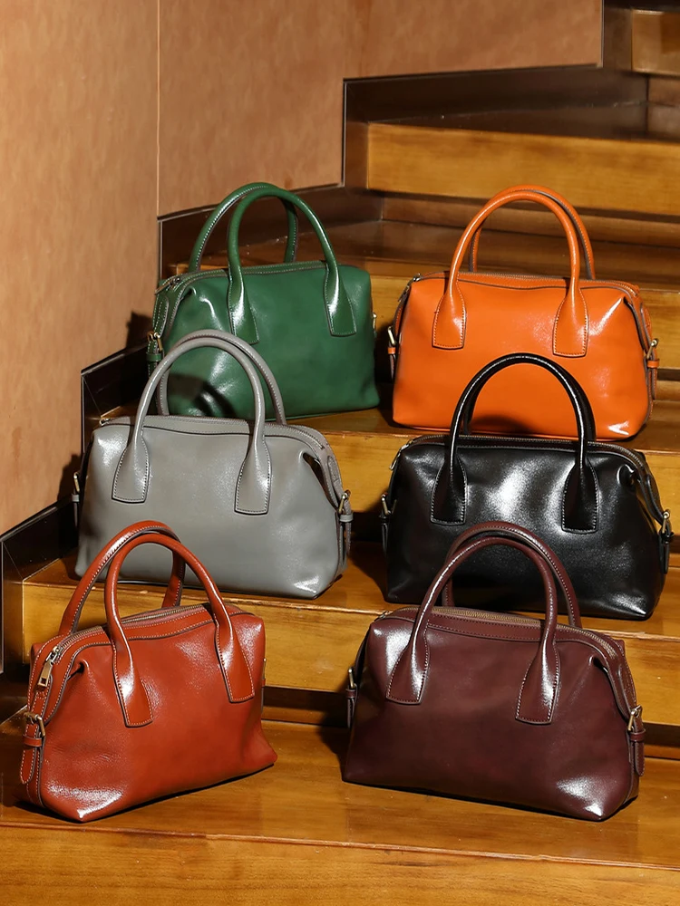 Zency Fashion Retro Genuine Leather Top-handle Bag For Women Boston Bag Shoulder Crossbody for Commuters