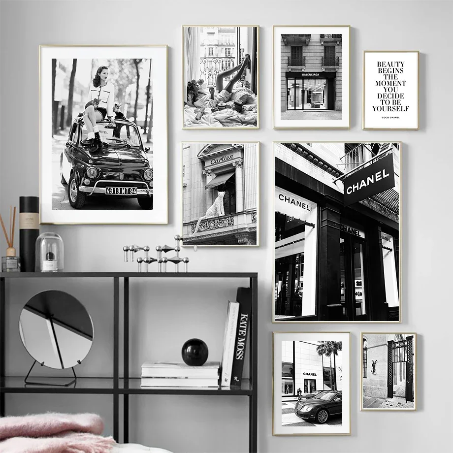 Luxury Store Shopping Girl Black White Wall Art Canvas Painting Nordic Posters And Prints Wall Pictures For Living Room Decor
