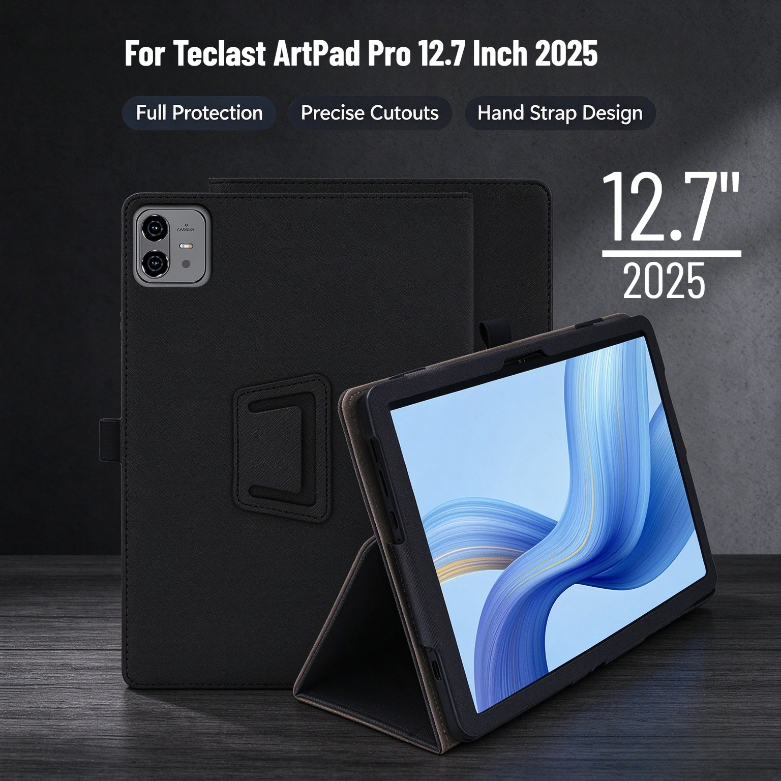Tablet Case for Teclast ArtPad Pro 12.7 Inch PU Leather Folding Folio Cover with Hand Strap Shockproof Full Protection Shell