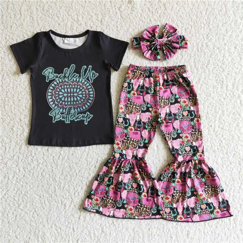 

New Arrival Fall Short Sleeve Shirt Bell Bottom Outfits Children Clothing Suit