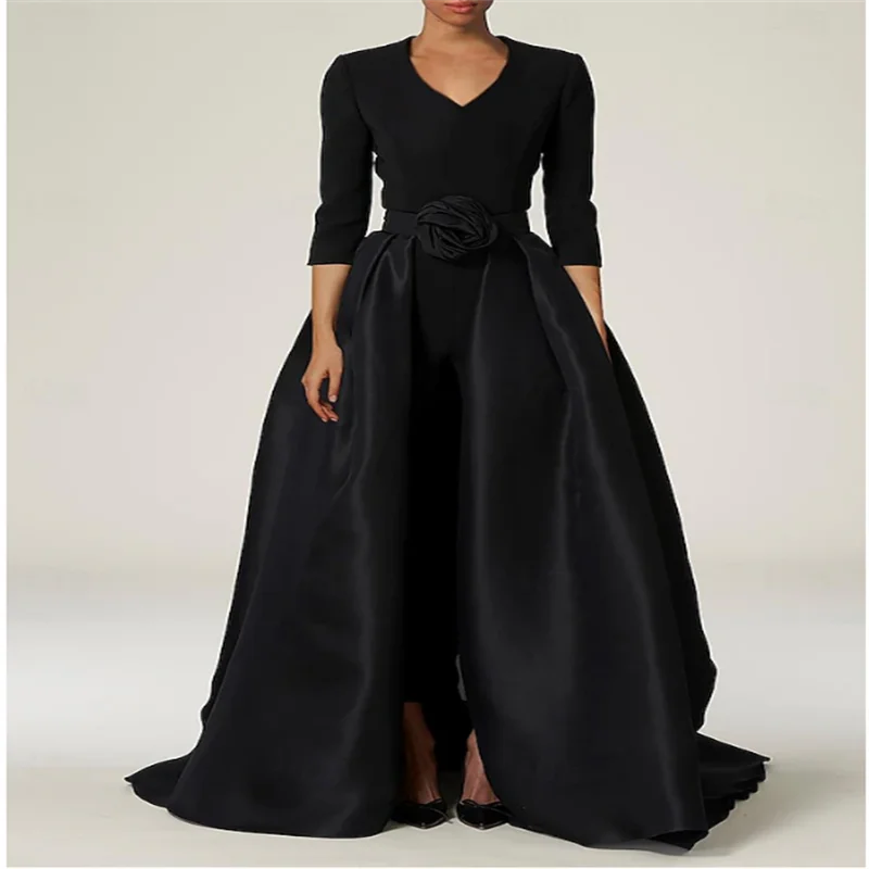 Jumpsuit With Overskirt Mother of the Bride Dress Elegant Simple Black Dress V Neck Sweep / Brush Train Stretch Fabric Custom