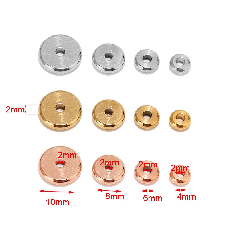 Cuentas espaciadoras planas redondas de acero inoxidable, abalorios sueltos de 4mm, 6mm, 8mm y 10mm para fabricación de joyas, suministros de bricolaje, agujero de 2mm, 20 piezas