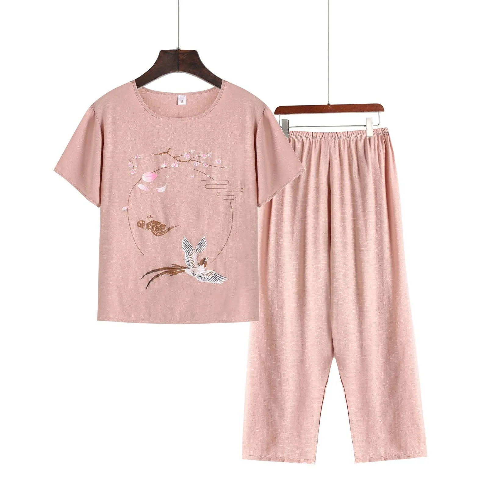 Conjunto de pijama fino para mulheres, gola redonda, manga curta, calças cortadas, macacão e macacão para maternidade, que pode ser usado lá fora, verão