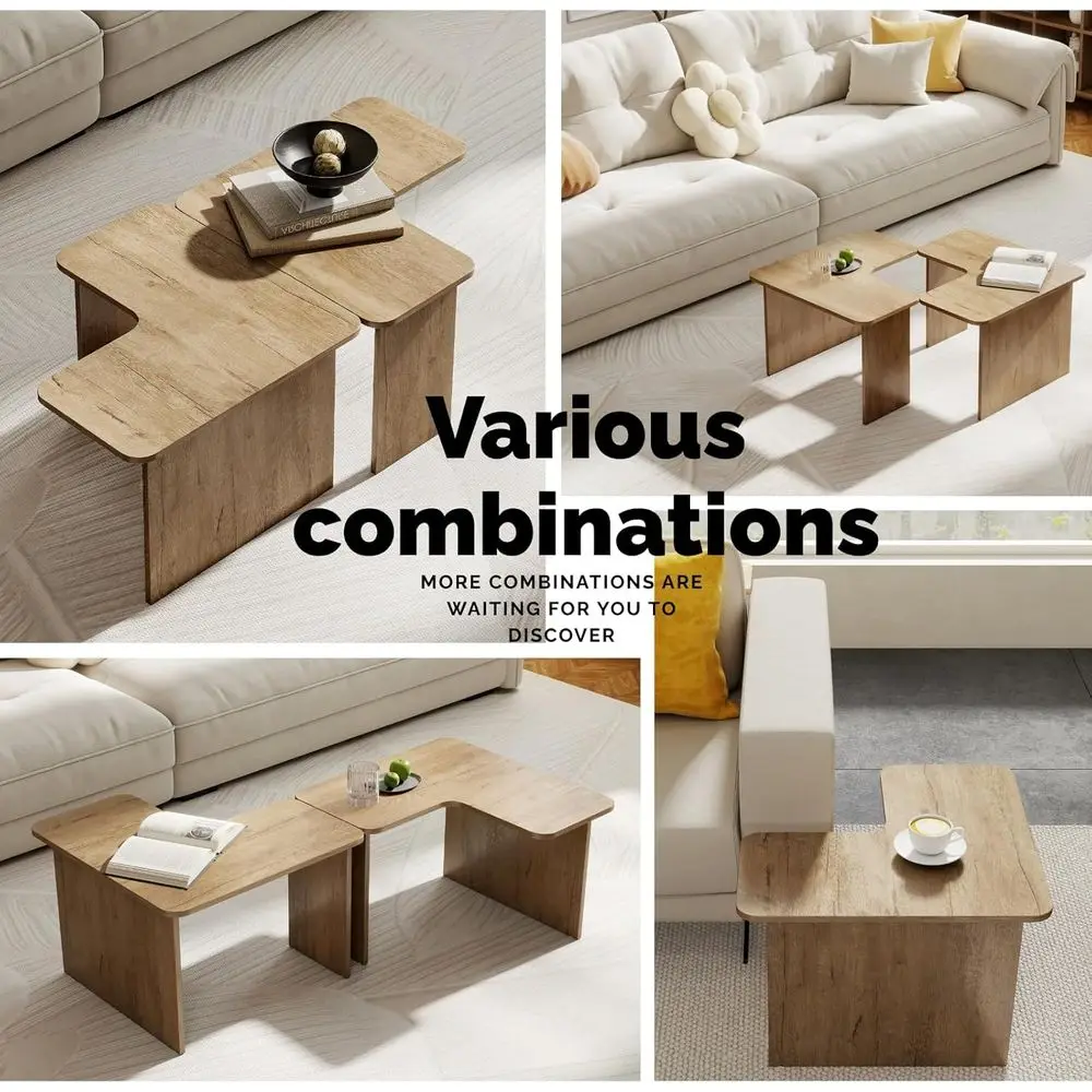 مجموعة طاولة القهوة المتداخلة الحديثة مكونة من 2، طاولة قهوة مربعة خشبية طبيعية على شكل حرف L لغرفة المعيشة، طاولة نهاية طاولة مركزية صغيرة Se #4