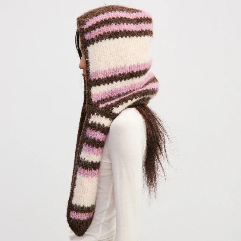 Winter-Wärmeschal mit Ohrenschutz, Nackenwärmer, einteilige Balaclava-Mütze, farblich abgesetzte gestreifte Pullover-Strickmütze für Damen. – Detail 5