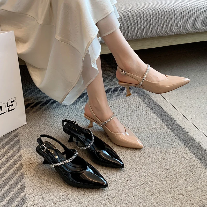 Nude-colored closed-toe mules with rhinestones, pointed-toe high heels for wide and wide-footed women, plus-size women's shoes