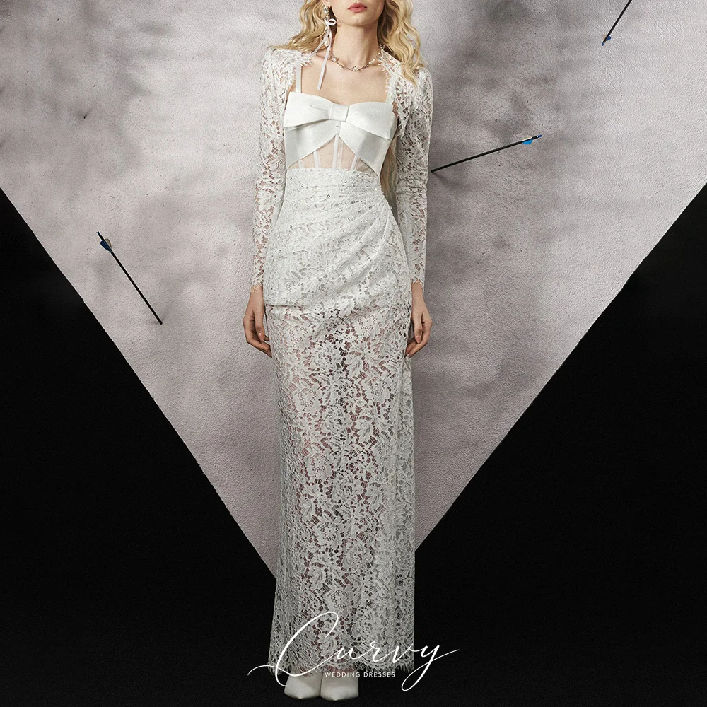 Curvy Romantic Wedding Dress Sweetheart Neck Long Sleeve Lace Bow Front High Waist Bridal Gown for Women 2026 Customized