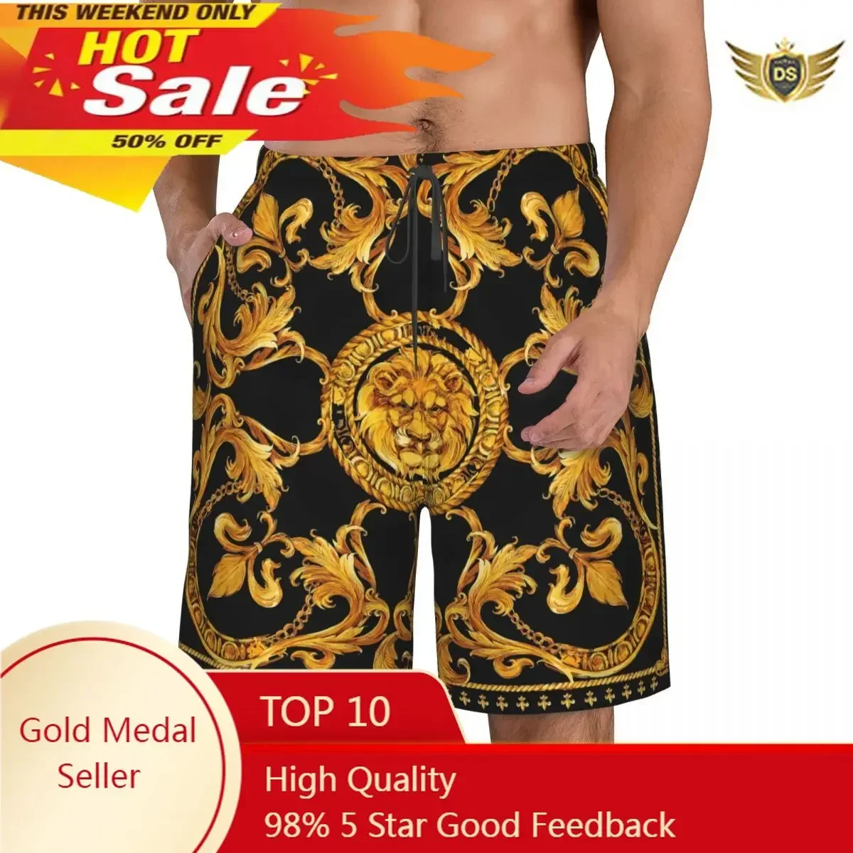 

Quick Dry Summer Mens Beach Board Shorts Briefs For Man Swim Trunks Swimming Shorts Beachwear Golden Baroque