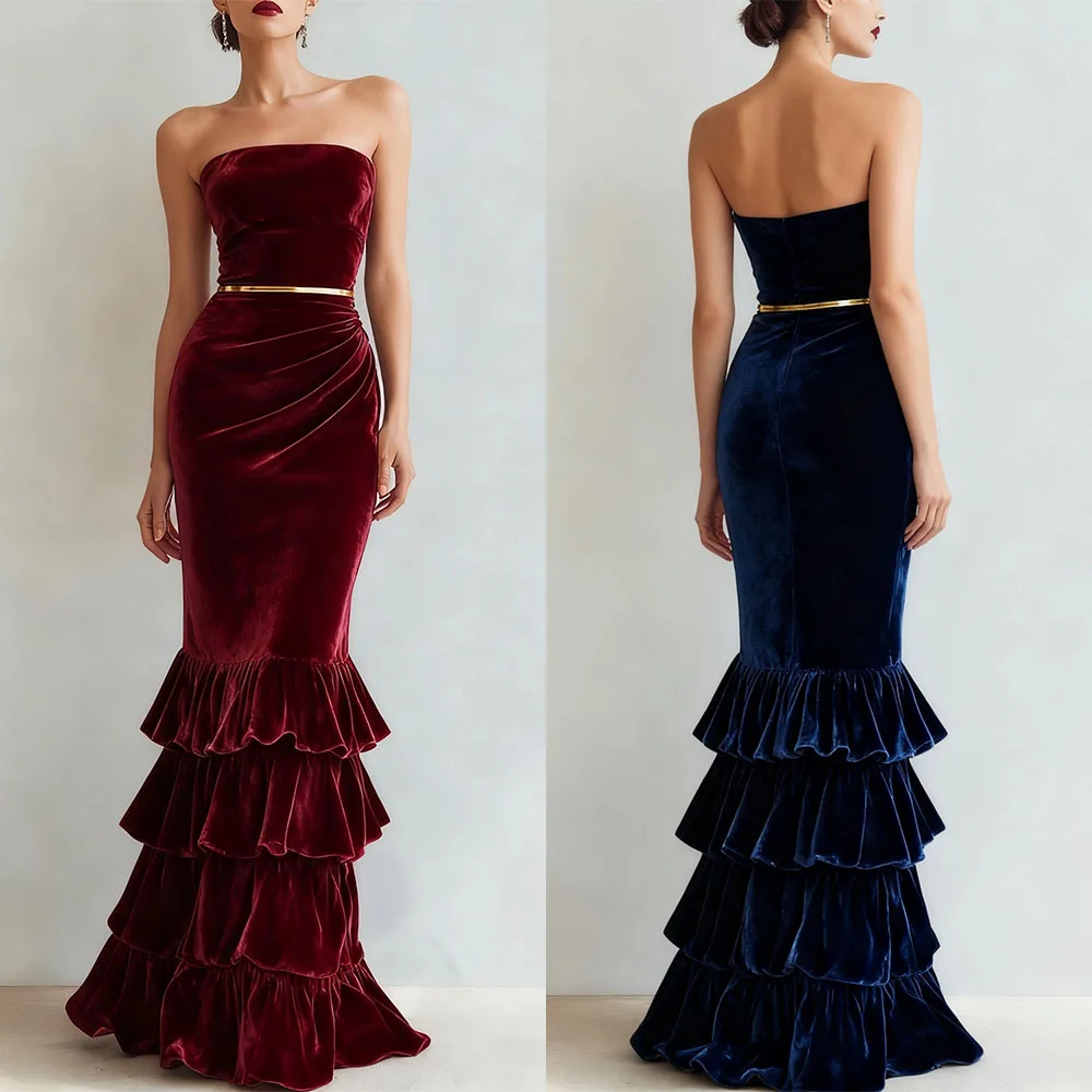 High Quality Customized Strapless Sleeveless Pleat Tiered Floor Length Woman Luxury Evening Dress Abiti Da Sera فساتين حفلات