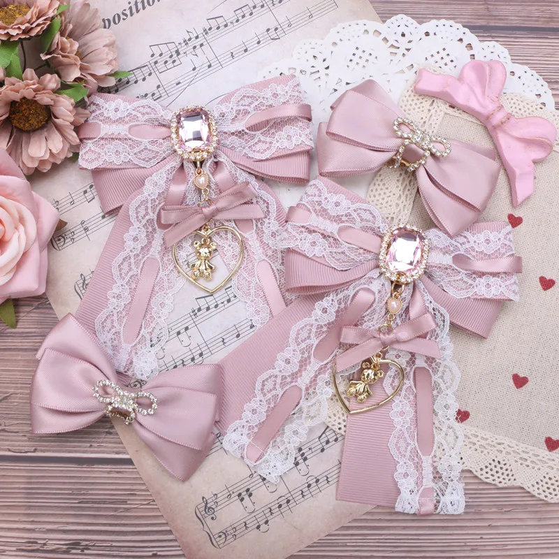 Handmade Japanese Soft Girl Sweet and Cute Lace String Ribbons Love Bear Pendant Hairpin Women Lolita Hair Accessories