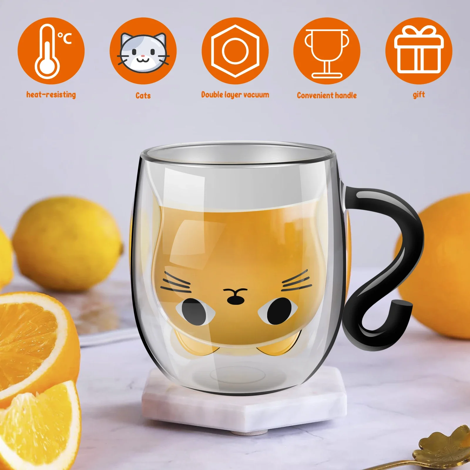 Cute Cat Mugs Double Vacuum Cute Tea Cups with Handle 250-300ml Glass Cat Coffee Mug Temperature Resistant Glass Water Milk Mug