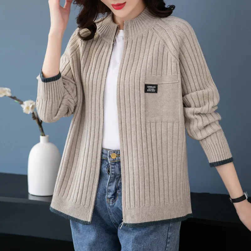 Autumn Winter 2024 New Chic Sweater Coat Women's Outfit Loose Casual Half-Turtleneck Zipper Knit Cardigan Sweater Coat Tops