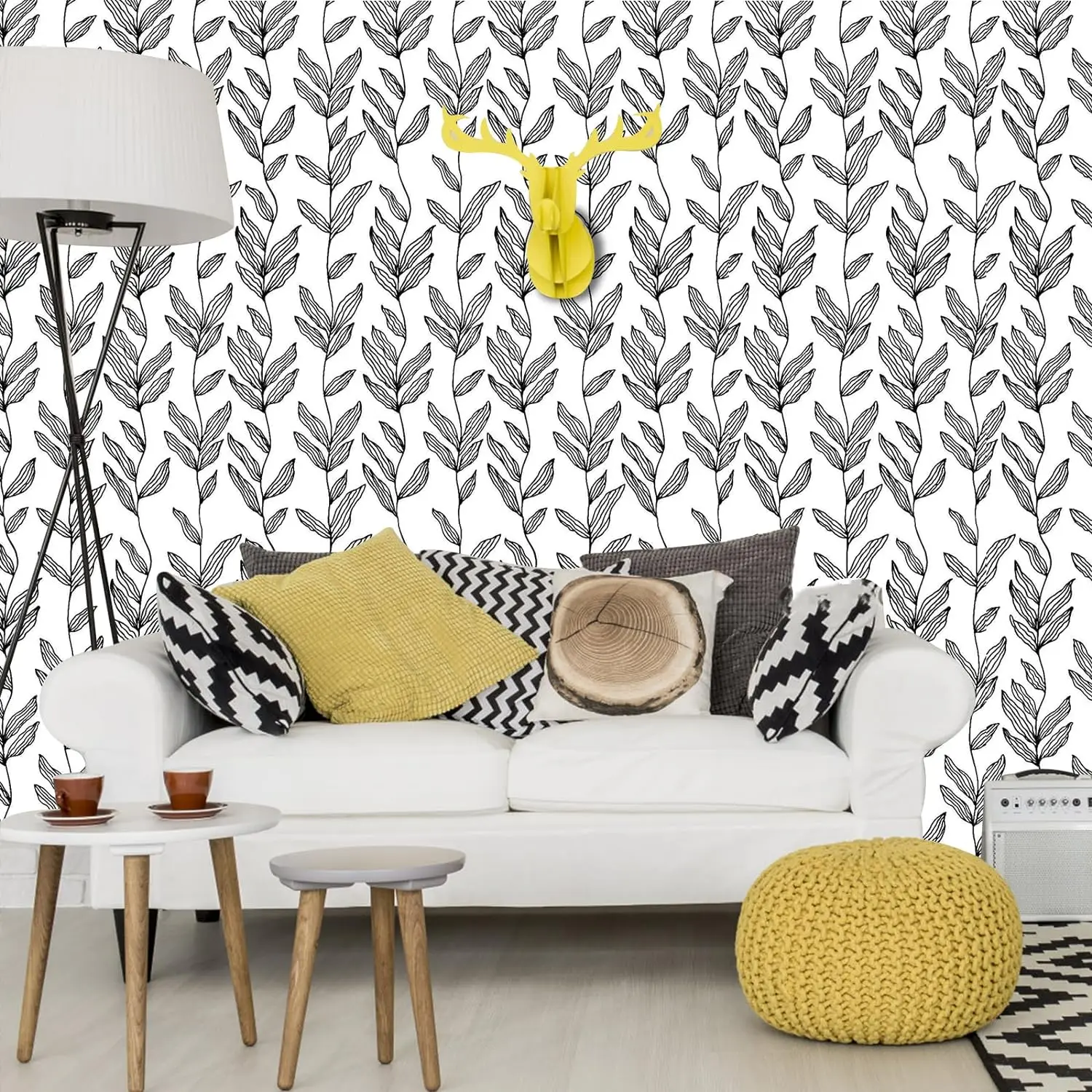 Black and White Peel and Stick Wallpaper Removable Contact Paper Black Leaves Self Adhesive Wallpaper for Wall Covering Decor