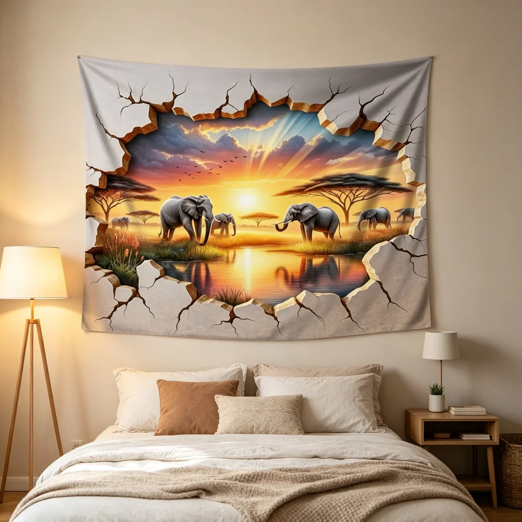 1PC Elephant Sunset Print Backdrop Banner, Bedroom Living Room Photo Background, Polyester Wall Hanging, Home Decor, Wall Art