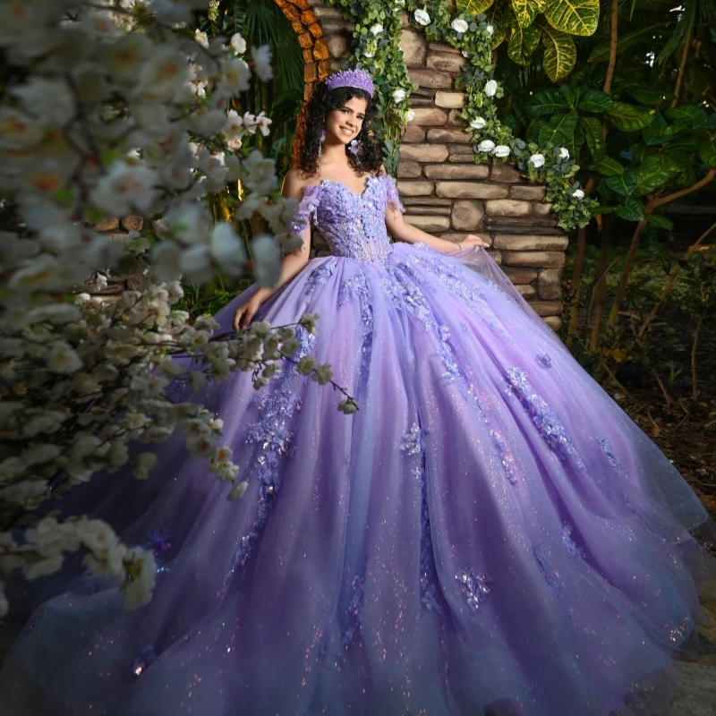 

Lavender Shiny Princess Off the Shoulder Sweet 16 Dress Quinceanera Dresses Applique Lace Beads Tull Party Birthday Vestidos De