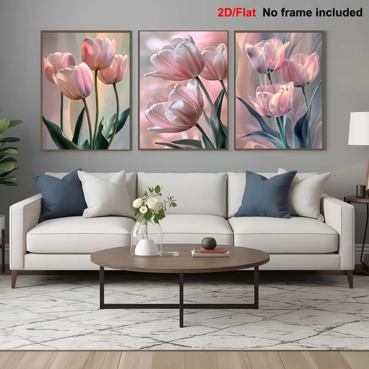 2D Flat, 2D Flat, 2D Flat Frameless Canvas Decorative Painting, 3pcs Frameless Pink Tulip Canvas Mural, Soft-Focus Floral Des