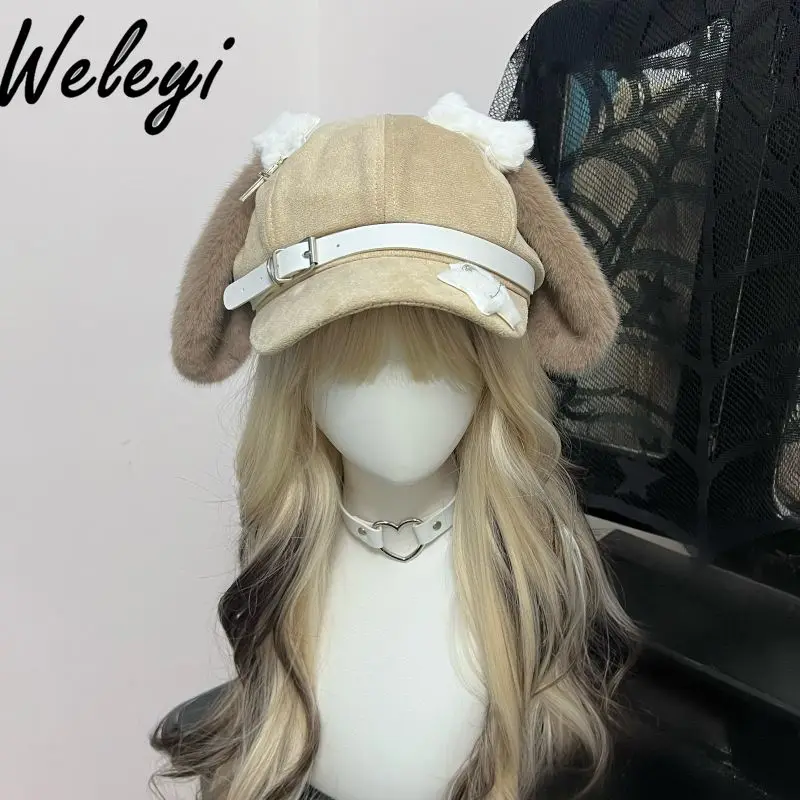 Original Japanese Girl Brown Puppy Ear Beret Hat Female 2024 Fall Winter New Subculture Cute Personality Berets Caps for Women