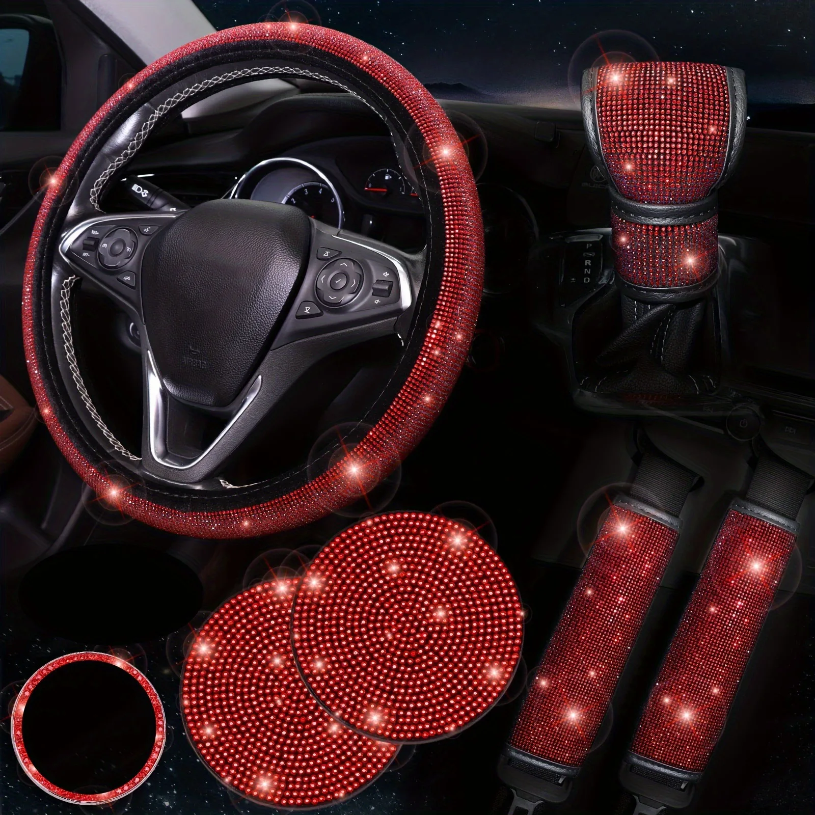 Car Steering Wheel Cover Universal Hot Diamond-encrusted Safety Belt Cover Shoulder Coaster Seven-piece Set Cross-border