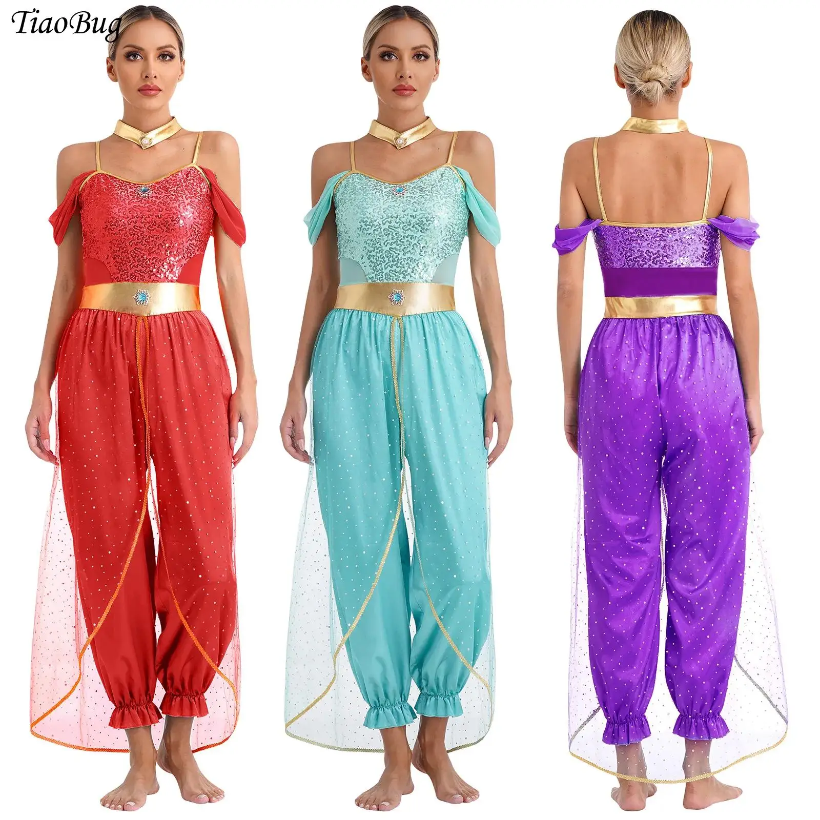 

Womens Belly Dance Arabian Princess Cosplay Costumes Gems Sequin Romper+Metallic Shiny Choker Collar Halloween Party Dancewear