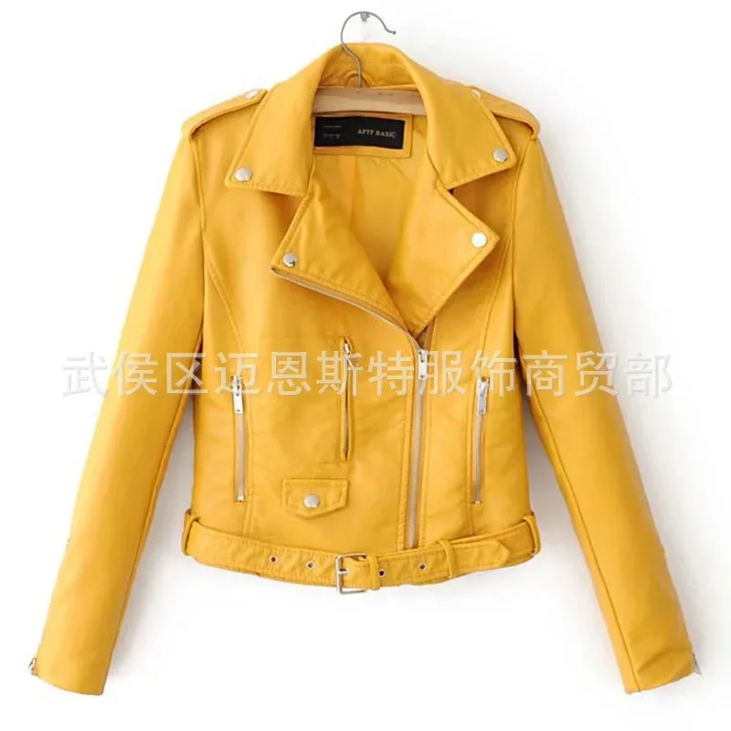 2024 สุภาพสตรีใหม่ซิปเฉียงหนังสั้น Slim-Fitting BIKER PU หนัง JACKET