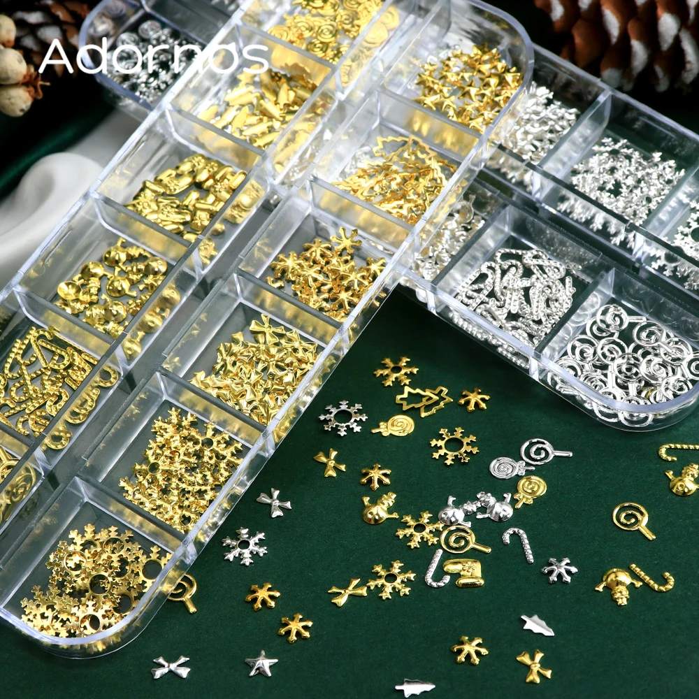 Christmas Nail Art Accessories Xmas Tree Snowflake Lollipop Stars Glitter Metal Rivets Nail Rhinestones Xmas Manicure Decoration