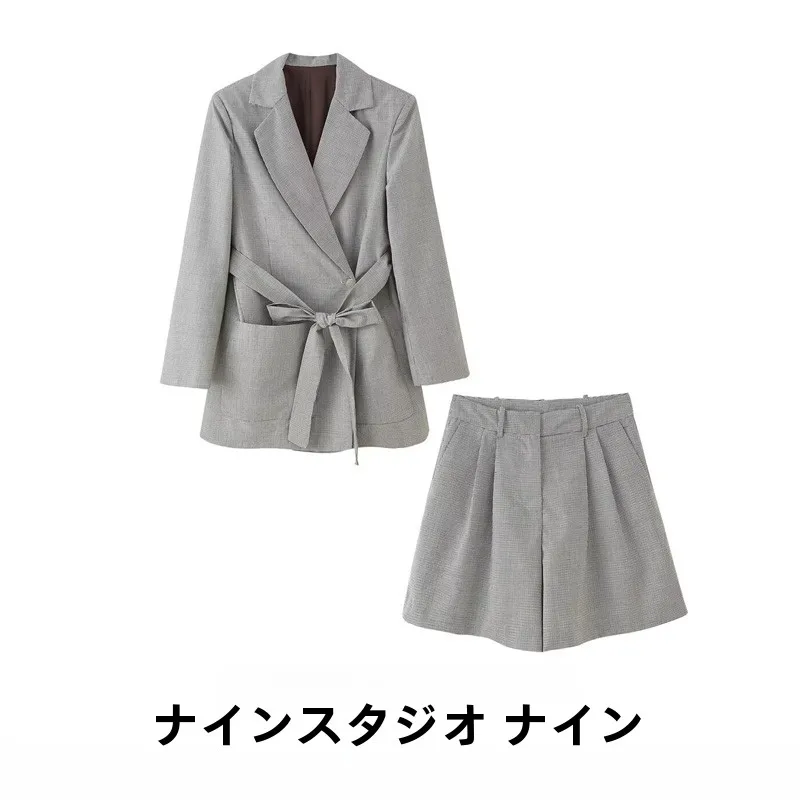 

NINE ZA Women's Suit Jaet with Belt High Waist Pleated orts Two-Piece Set Long Sve Button-Up Faion Ensemble