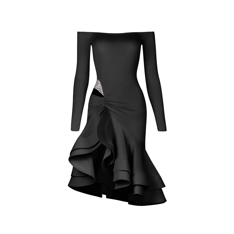 ZYM vestido de baile latino para niñas, ropa de competición, cintura de cristal, mangas largas, rosa, negro, ropa de actuación de práctica, nuevo