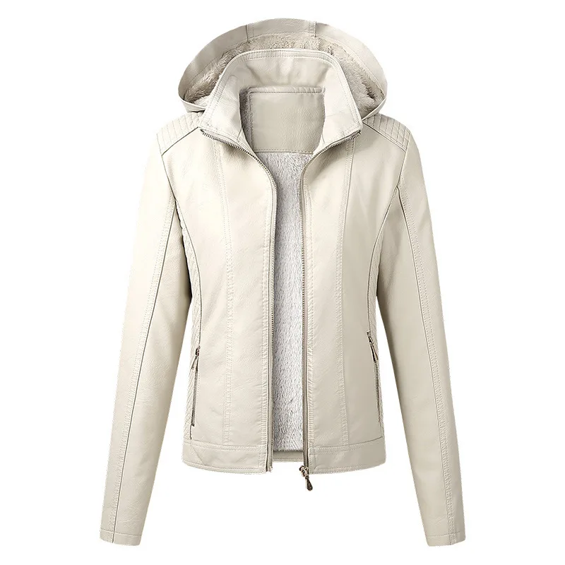 Giacca in Pelle con Cappuccio da Donna Autunno Inverno in PU con Chiusura a Cerniera Vestibilità Ampia Alla Moda Cappotto da Motociclista per Signore