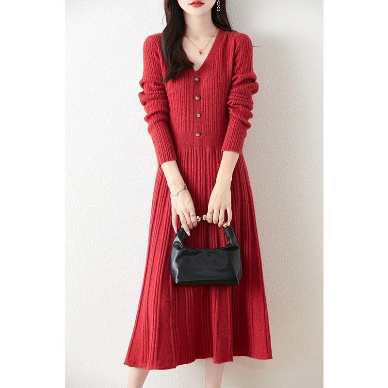 V-Neck Button 100% Wool Dress For Women Autumn Winter Warm And Elegant Pullover Solid Color French Fashion Slim Fit Knit Sweater