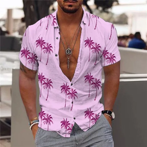 Men's Printed Leaves Short-Sleeved Casual Shirt Personalized Thickened Fleece Lined  Neck Autumn Fashion Men's Shirt