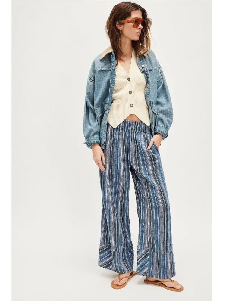 Woman's Fashion Color Striped Printed Pant Spring Versatile Elastic Waist Loose Trousers Ladies Autumn Hot Style Wide-leg Pants