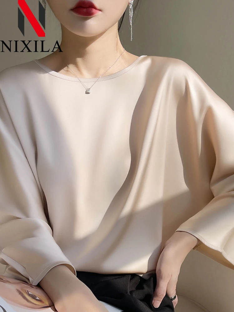 New Spring Summer T-shirt Elegant Blouses for Women Loose Oversized Clothing Satin Office Pullover Lady Trend Long Sleeve Tops