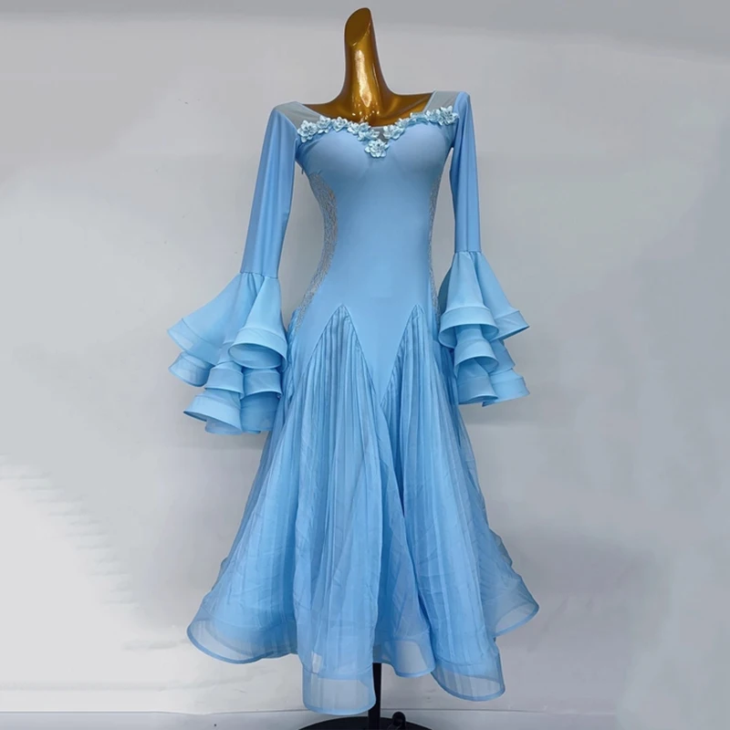 Sukienka balowa damska standardowa do tańca nowoczesnego, strój sceniczny, niebieska suknia balowa do tańca towarzyskiego, sukienki do walca AMY2727