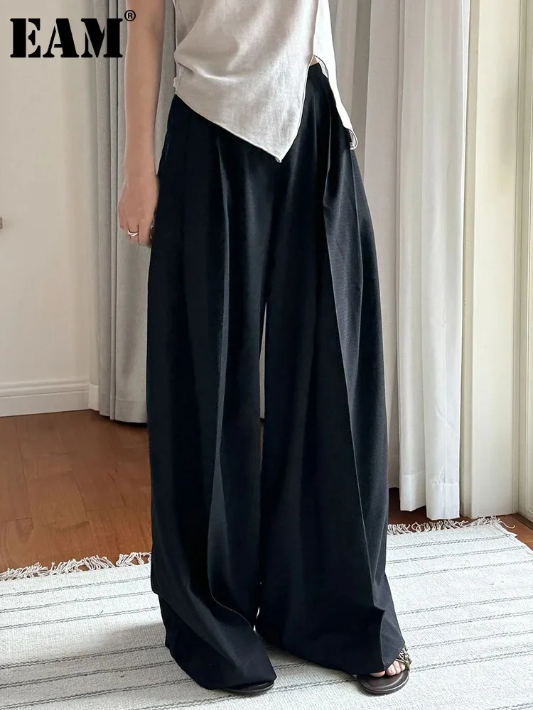 [EAM] High Elastic Waist Black Brief Pleated Long Wide Leg Pants New Trousers Women Fashion Tide Spring Autumn 2024 1DH6020