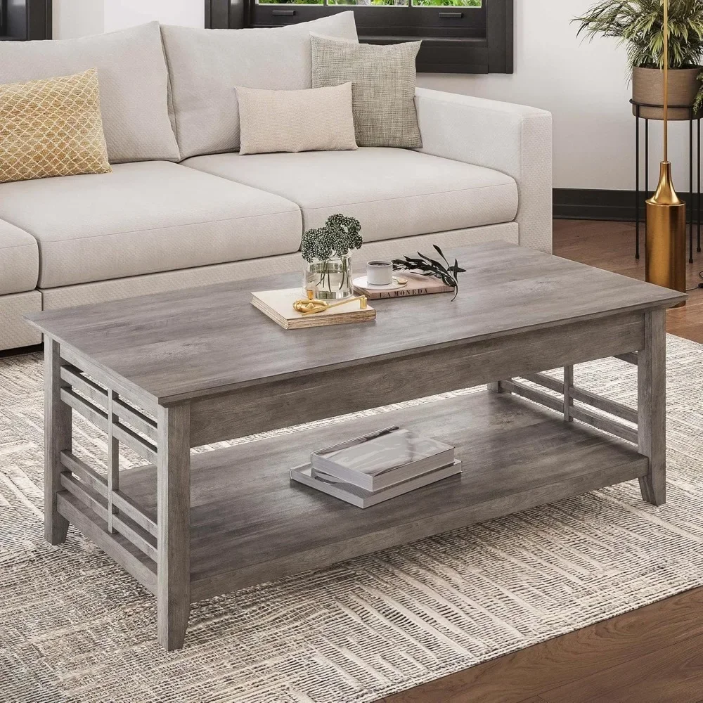 Modern Wood Coffee Table with Storage Shelf Two Tier Rectangular Stylish Decor for Living Room Conversation Leisure Occasions