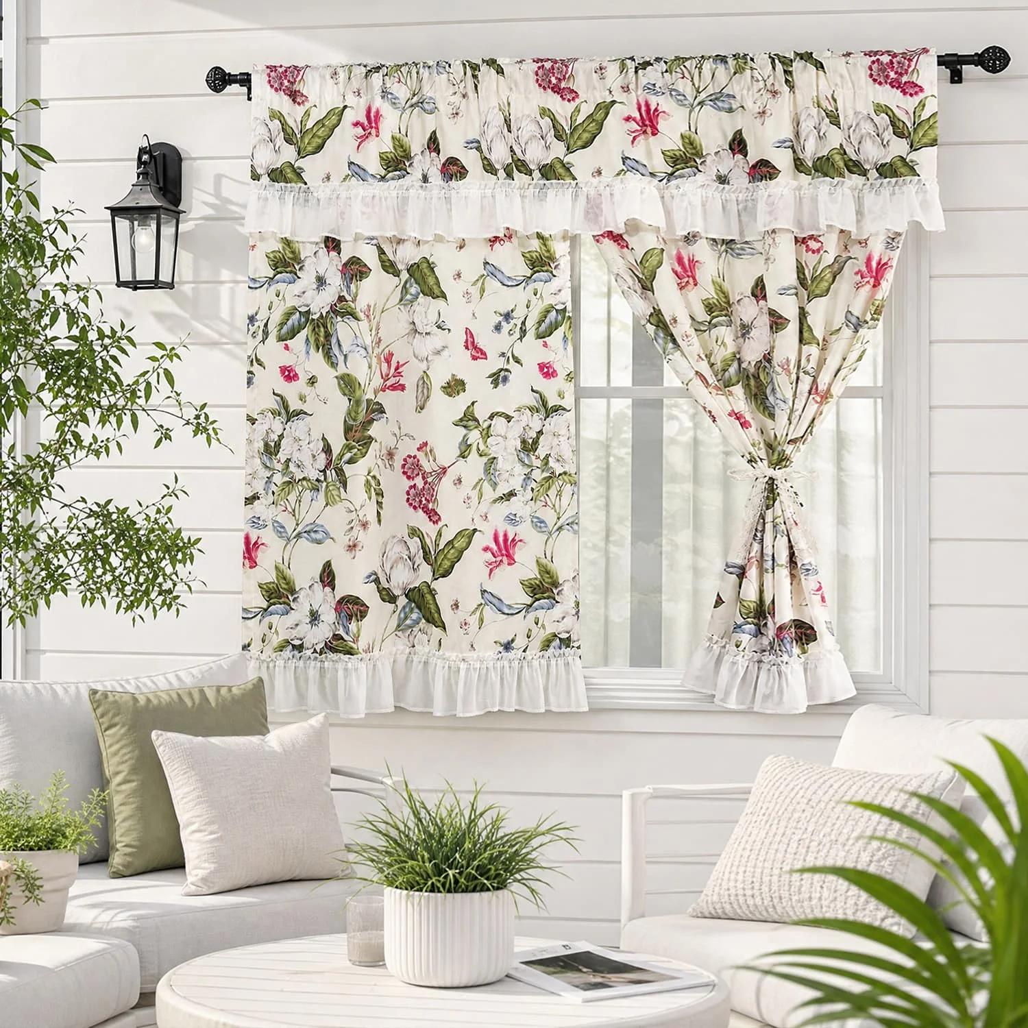 1Pc,Floral Print Kitchen Tier Curtains with Valance and Ruffles Trim, American Country Style Bedroom Window Curtain for Home