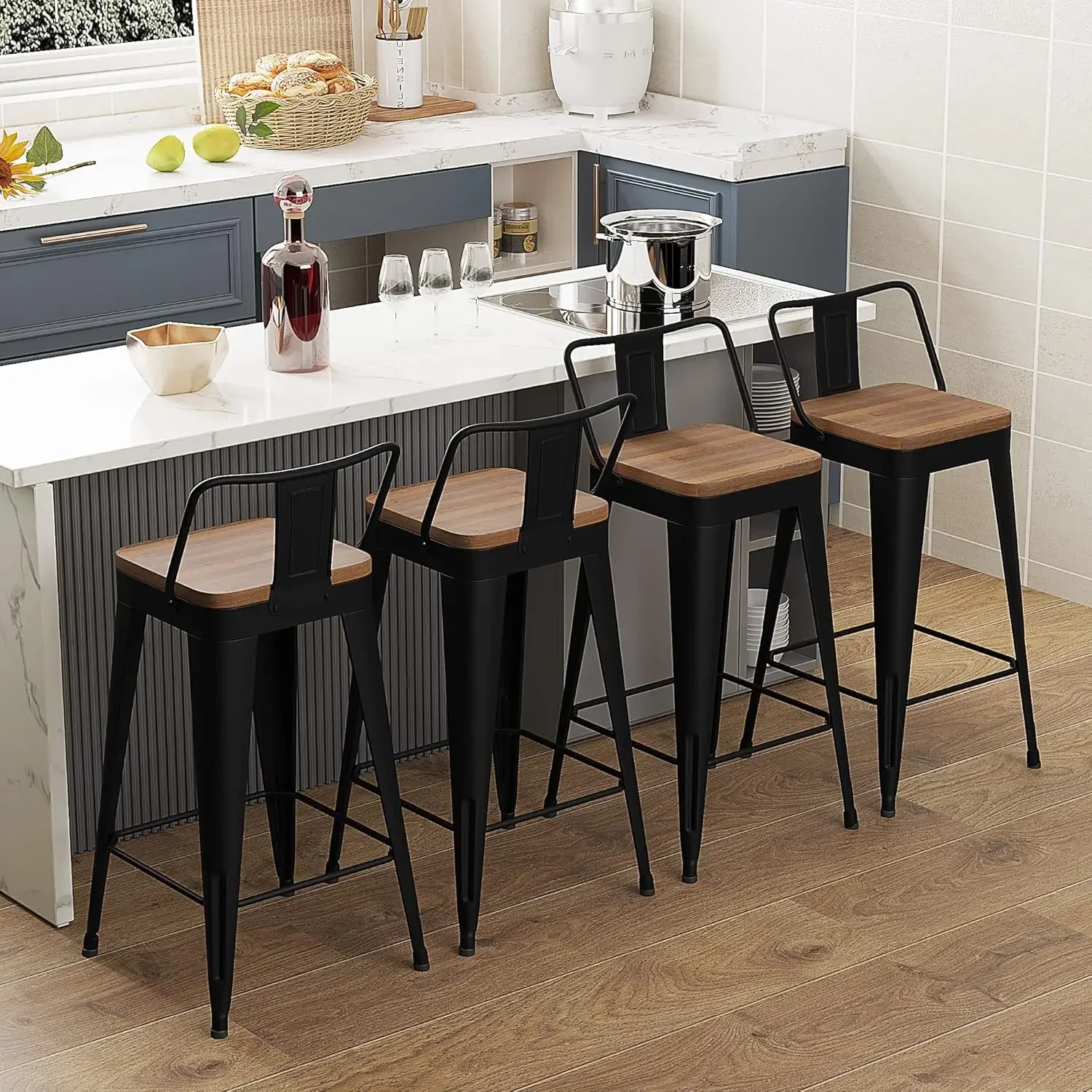 Metal Bar Stools Set of 4 Counter Height Bar Stools Barstools with Removable Back 26" Kitchen Bar Stools with Wooden