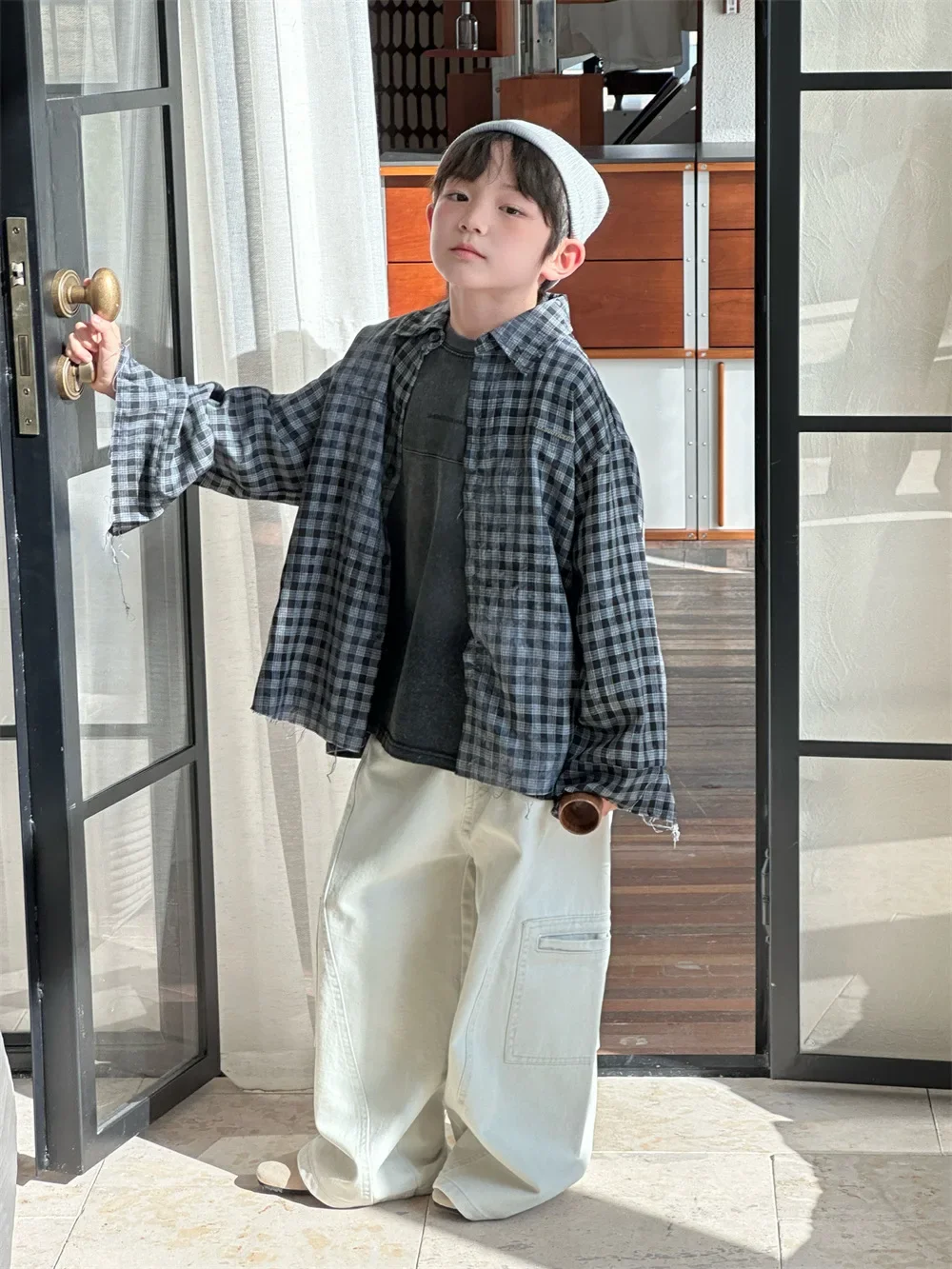 2025 Spring New Korean Edition Children\'s Tie Dyeing Checkered Boys and Girls Flip Collar Back Letter Haired Shirt Trend