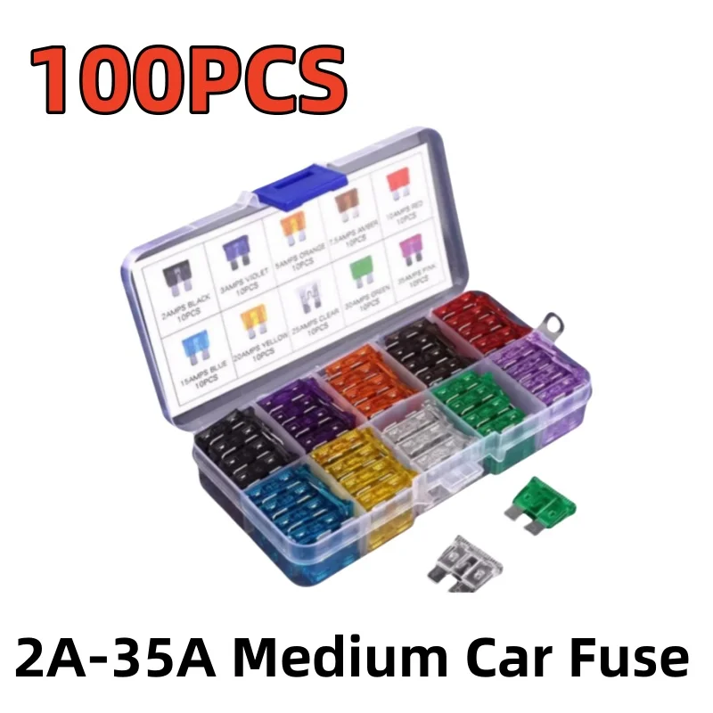 

100PCS 2A-35A Medium Car Fuse 10 Specifications Igniter Headligh Car Insert Truck Motorcycle Electric Vehicle