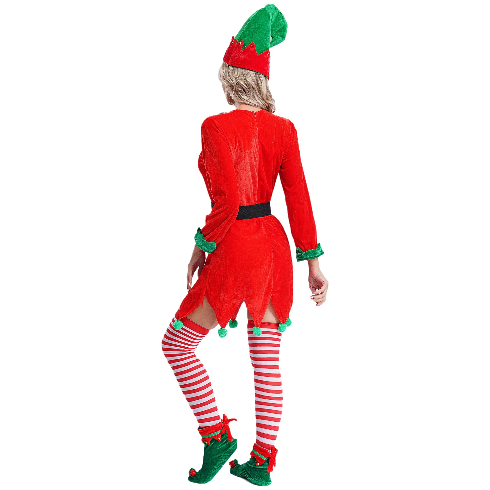 Christmas Santa Claus Costume Women Green Elf Cosplay Dress Adult Green Dress Belt Hat Stocking Suit New Year Xmas Party Outfits