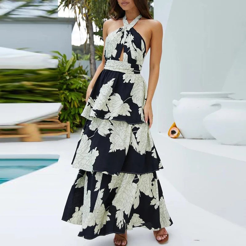 Vintage Pattern Printed High Waist Bohemian Dress Sexy Lady Halter Hollow Beach Long Dress Casual Backless Pleated Holiday Dress