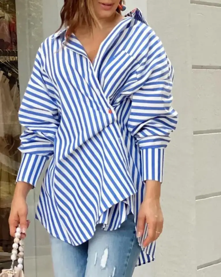 

Elegant Blouse for Women Asymmetric Striped Long Sleeve Shirt Womens Tops Ladies 2024 Spring Summer New Y2K Fashion Losse Shirts